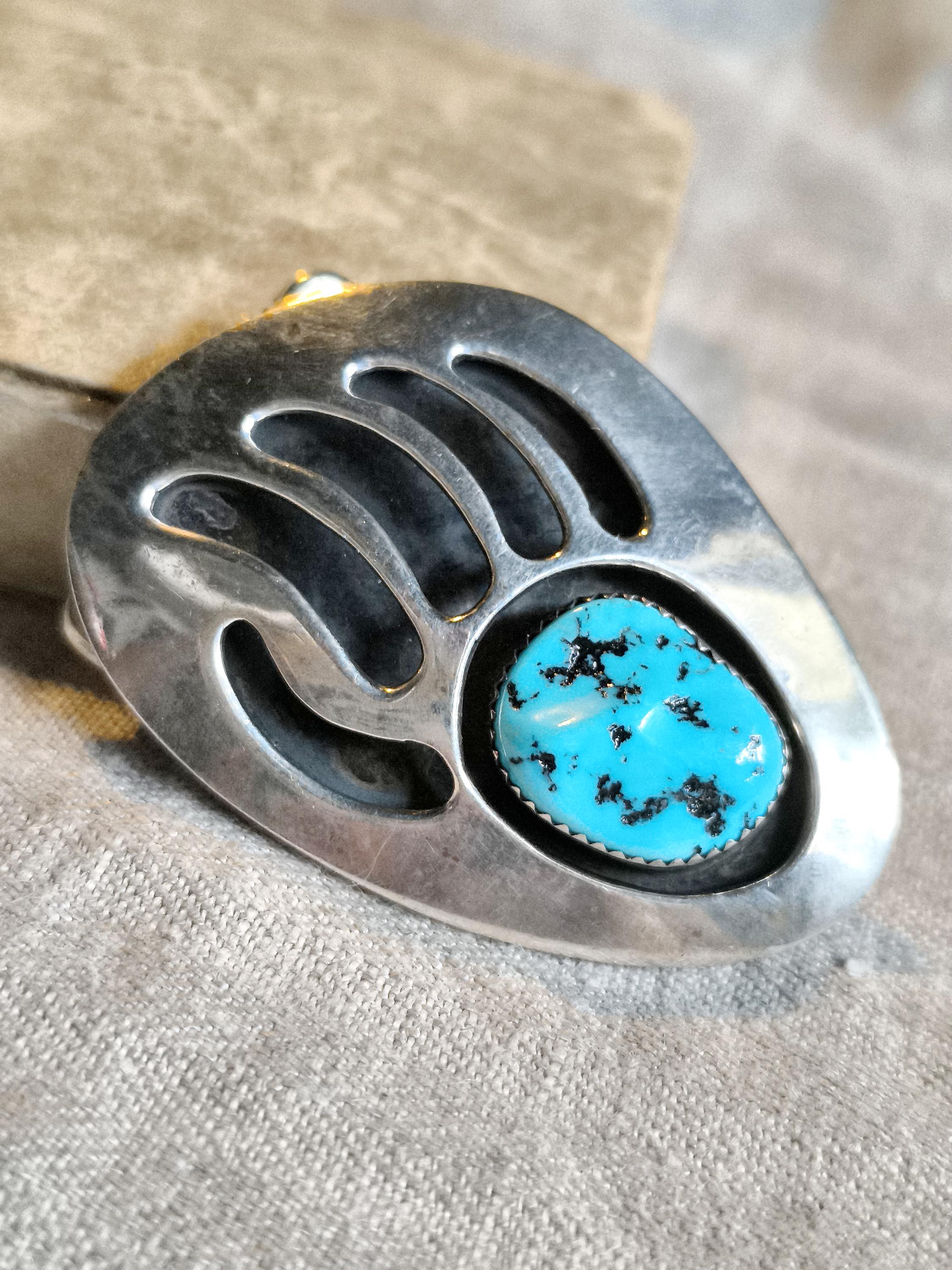 Vintage Sterling Silver Belt Buckle With Turquoise – Bear  display picture 2
