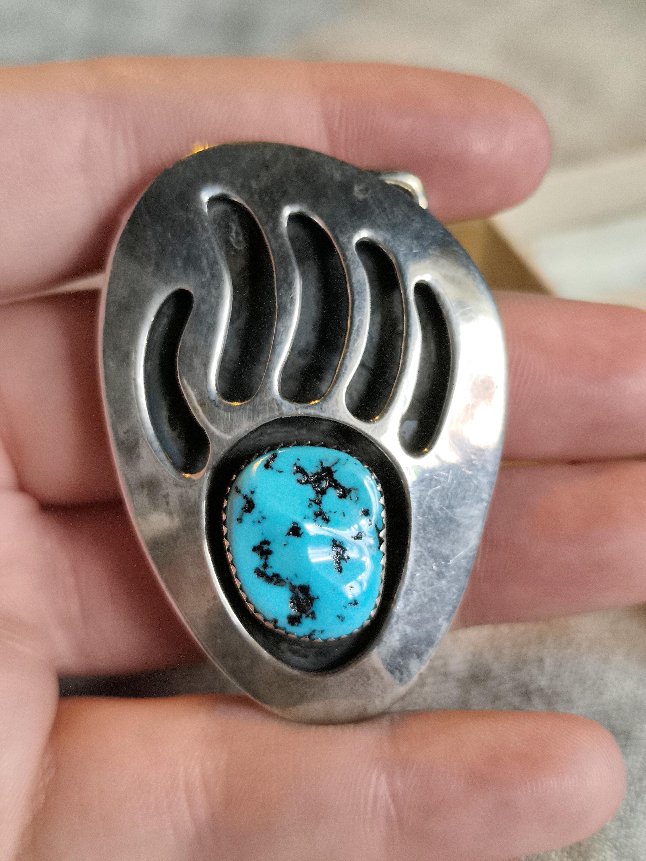 Vintage Navajo Signed A.B. Sterling Silver Turquoise Belt Buckle 1970s Bear Paw Vintage Sterling Silver Belt Buckle With Turquoise – Bear  main image 3