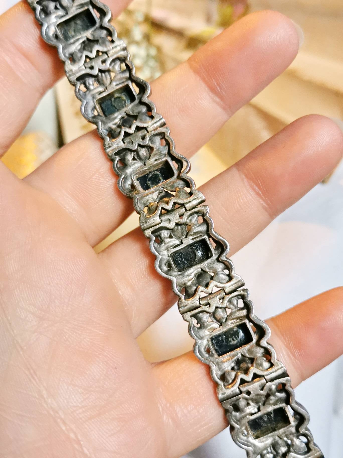 Bracelet Ancien Argent Massif - Décor Onyx Et Marcassite, Occasion