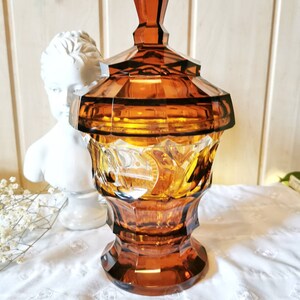 Full cut amber glass can lid box cup 1930 art deco caramel glass overhang glass can vase cottage country house art nouveau art deco