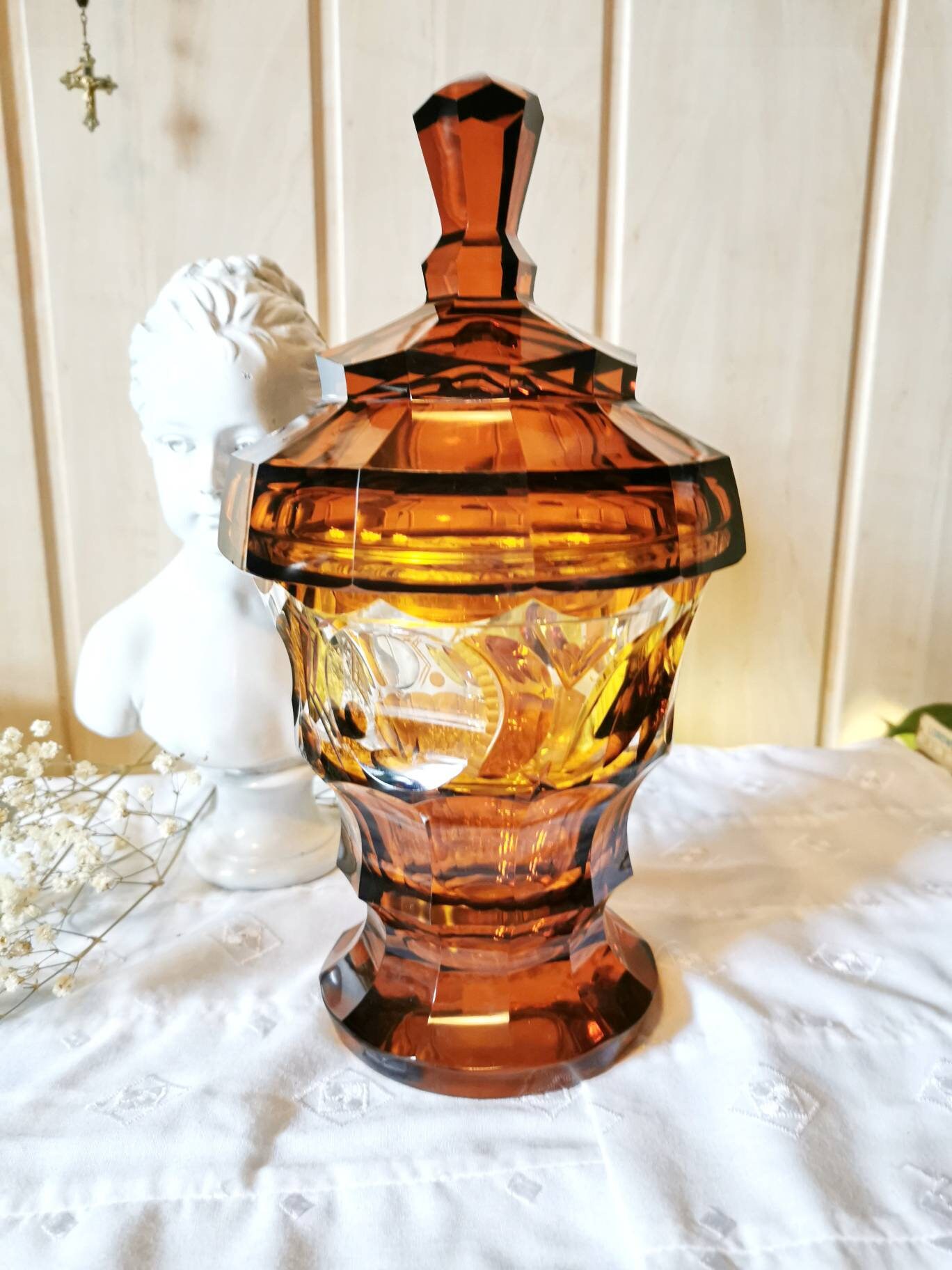 Full Cut Amber Glass Can Lid Box Cup 1930 Art Deco Caramel Glass