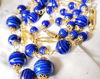 50er Jahre MURANO Kette blau & Gold Italy Glas lamp work necklace blue and gold antik schmuck mid century