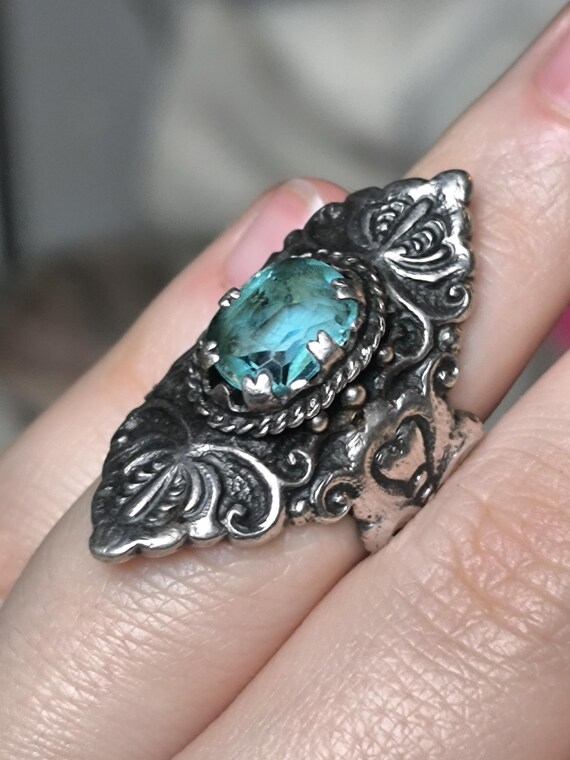Silver boat statement ring blue stone beautiful t… - image 2