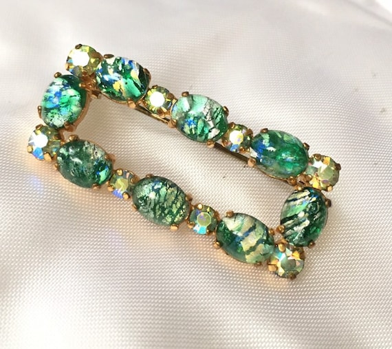 Antique iridescent glass rhinestone brooch around… - image 1