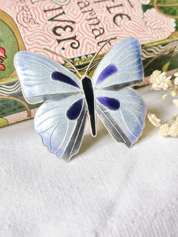 Guilloche Enamel Art Nouveau Butterfly Brooch blu… - image 1