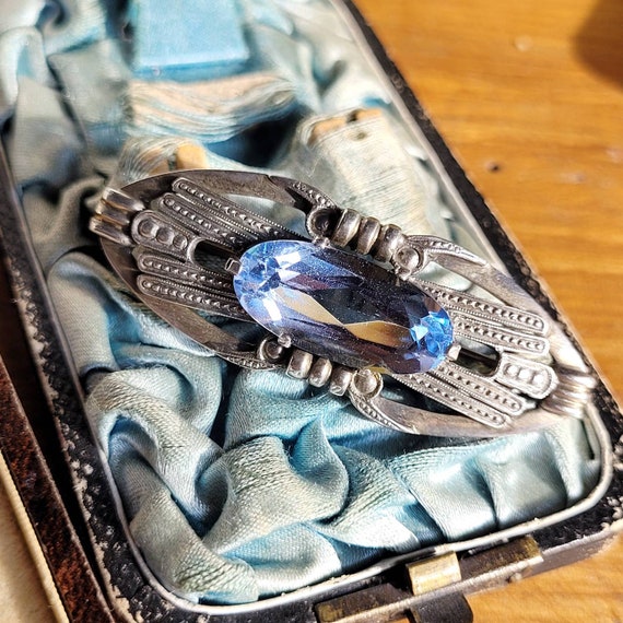 Broche Ancienne Argent Massif Bleu Et Blanc Scintillant (cubic Zirconia)