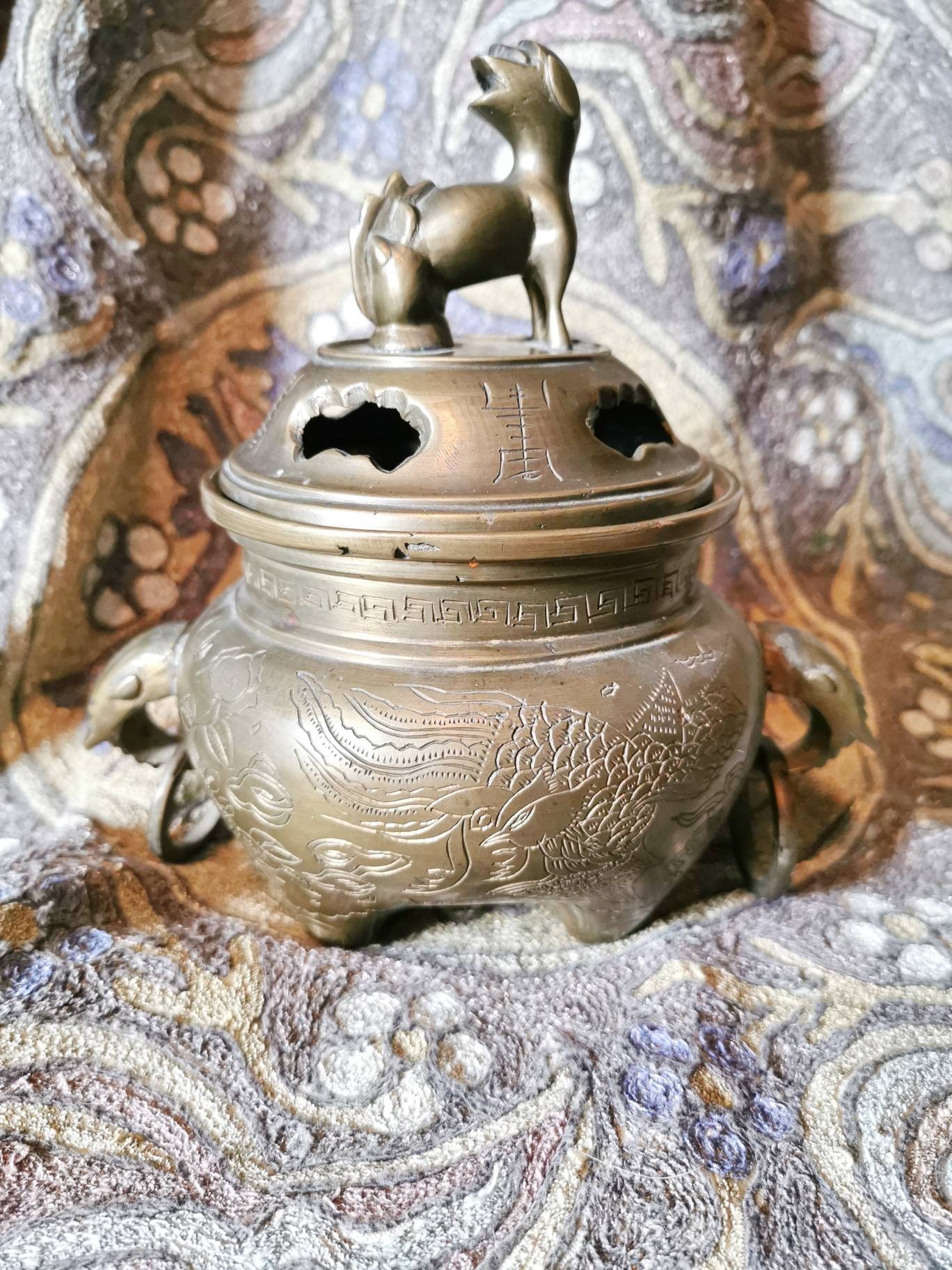 Brass Incense Pot Around 1900 China Foo Lion Tripot Tripod Brass Incense Pot Around 1900 China Foo Lion Tripot Tripod