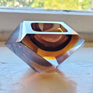 Midcentury Flavio Poli Seguso bowl or Catcha 1970s design Italy Murano mouth-blown cased glass brown yellow