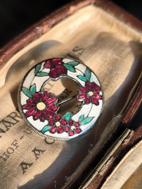 Broche émail Cloisonné Style Art Nouveau 1900 - Cercle Noir Et Rouge, Floral, état Comme Neuf