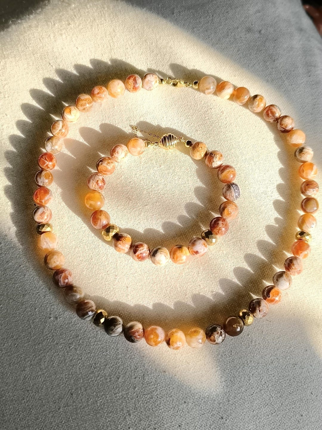 Noble Set of Snake Agate & Gold-plated Pyrite Necklace 45 Cm With