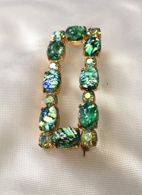 Antique iridescent glass rhinestone brooch around… - image 2