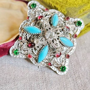 Antique historicism brooch rhinestone around 1880 glass & metal needle brooch rhinestone colorful cottage country house Biedermeier blue jewelry
