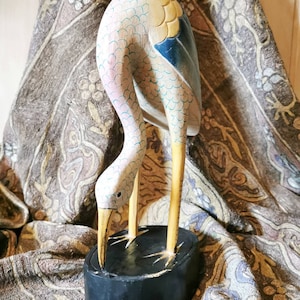 Wood bird 29 cm hand painted from Thailand around 1950 true vintage antique wood figure statue crane art figure
