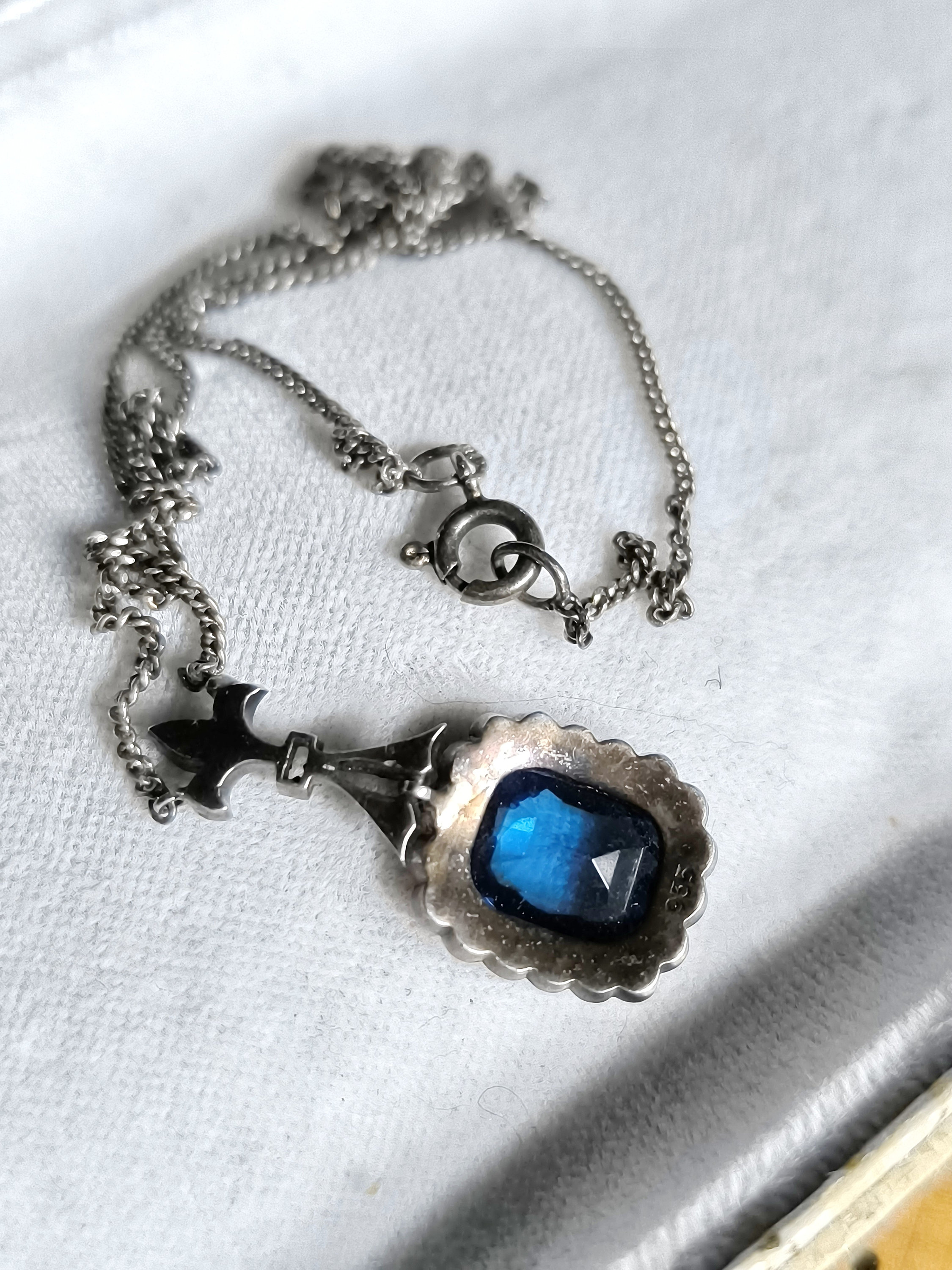 Collier Chaîne En Argent Massif 925 - Maille Art Nouveau Avec Pierre Bleue - Occasion