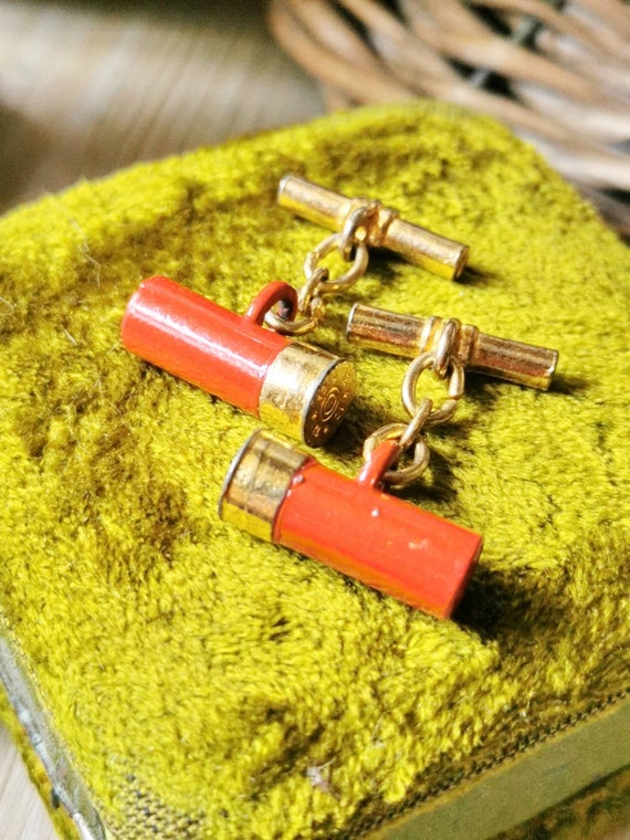 Paire De Boutons De Manchettes En Métal Doré Et Plastique Forme Cartouche - Occasion Très Bon état