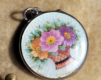 Antique Guilloché Silver Enamel Floral Photo Locket. Early 1900