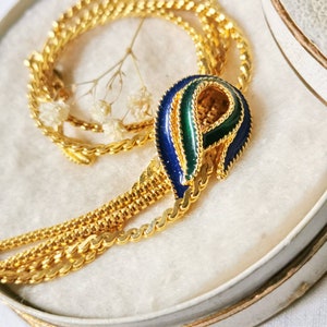 True vintage enamel necklace Y-necklace tassel necklace golden true vintage costume jewelry blue & green brocante out couture