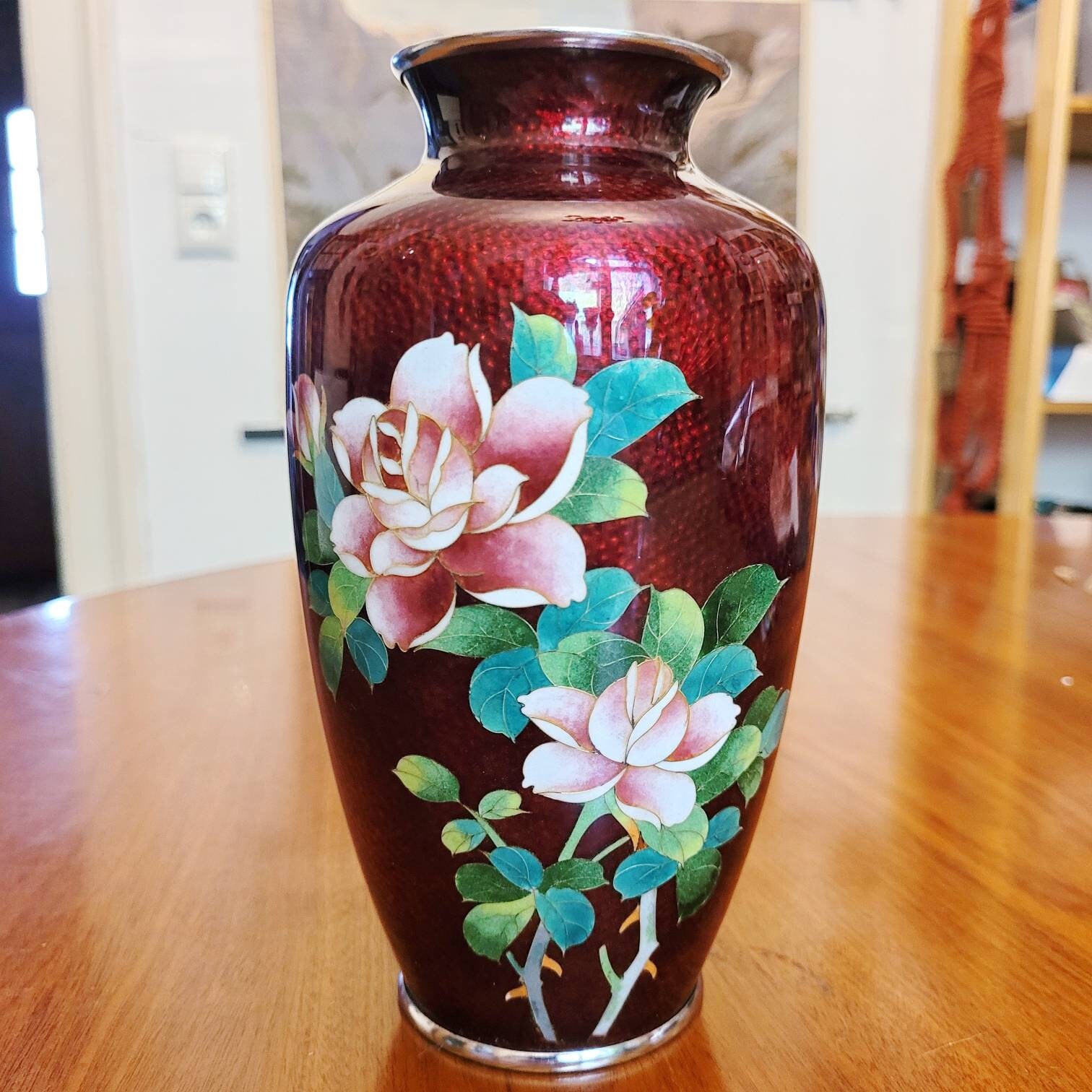 Sato Ando - Cloisonne Enamel Vase - Red With Roses Around 1930