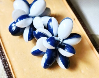 Boucles D'oreilles Clips Vintage Années 60-70 - Bleu Marine Et Blanc, En Plastique, Sans Marque, Occasion