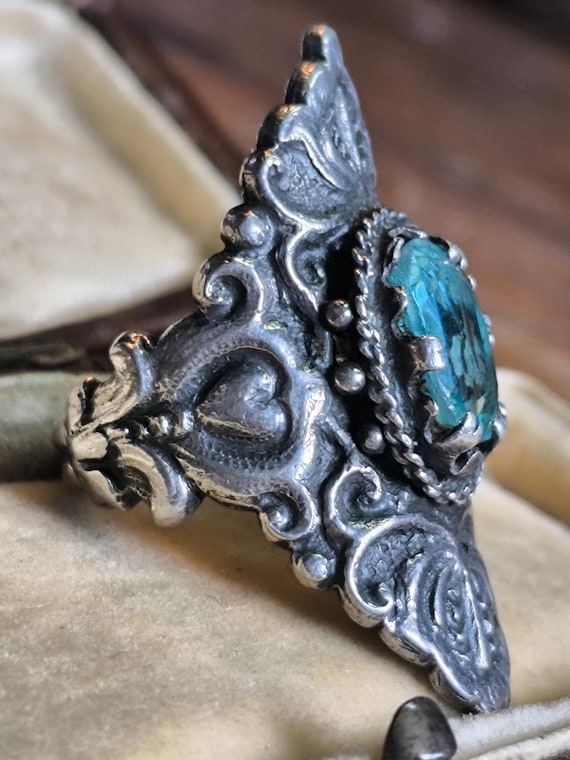 Silver boat statement ring blue stone beautiful t… - image 3
