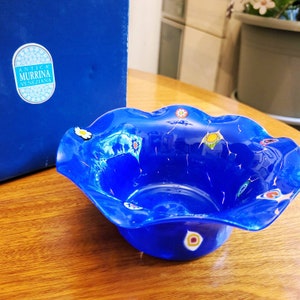 Antica MURRINA Venezia - Millefiori glass bowl aqua blue 1980s with original packaging mouth-blown unique collectors Italy Venice art glass