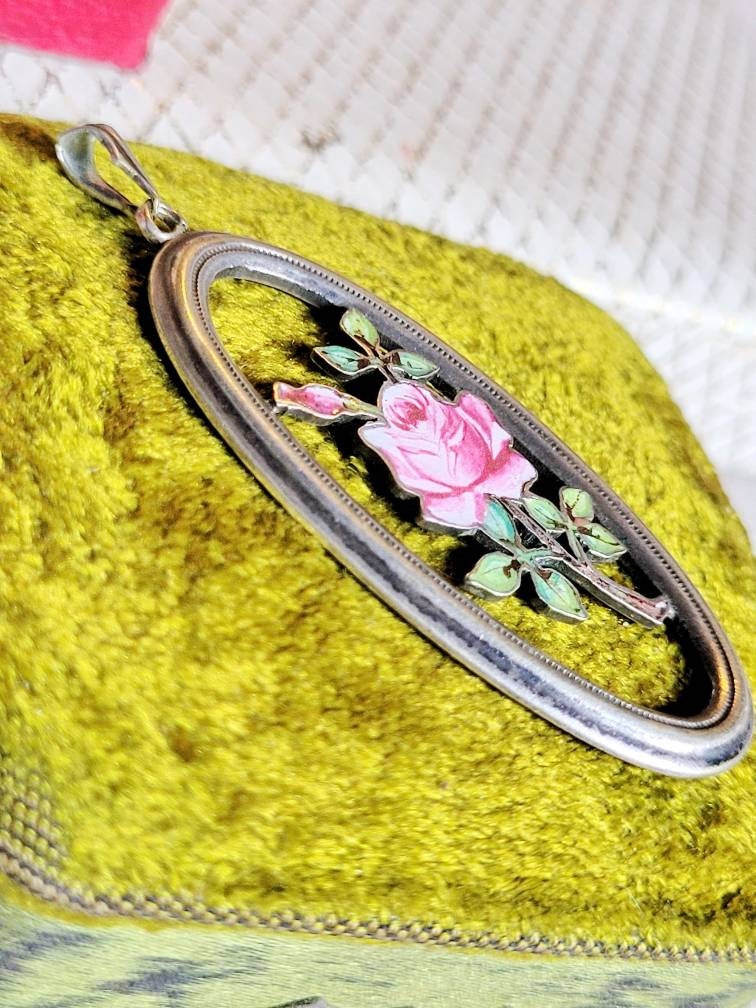 Pendentif Porte-photos Ancien 1920/30 - Alpacca Avec émail Rose, Médaillon Floral