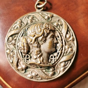Art nouveau necklace pendant women portrait brass Art Nouveau antique necklace pendent