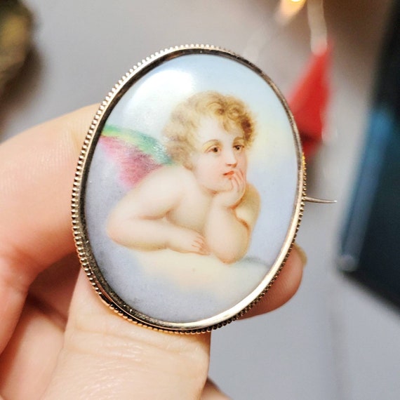 Art nouveau 333 gold angel brooch porcelain ename… - image 2