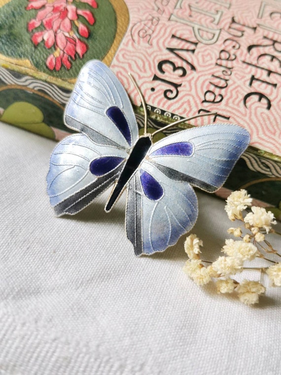 Guilloche Enamel Art Nouveau Butterfly Brooch blu… - image 3