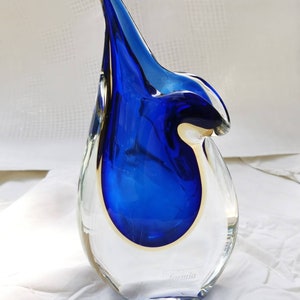 MURANO - Glass Vase blue & yellow overhang Glass - formia vetri di murano made in Italy - Vase Sculpture Art Collector design studio Glass