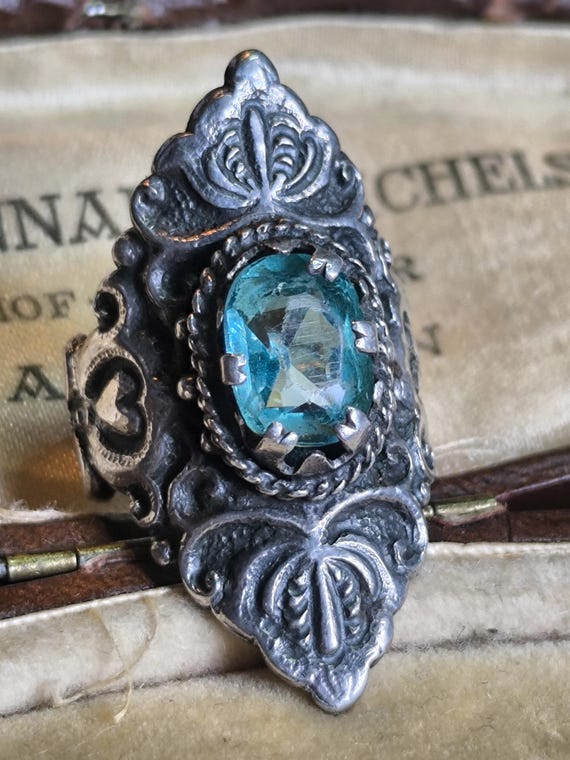 Silver boat statement ring blue stone beautiful t… - image 1