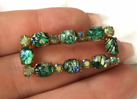 Antique iridescent glass rhinestone brooch around… - image 3