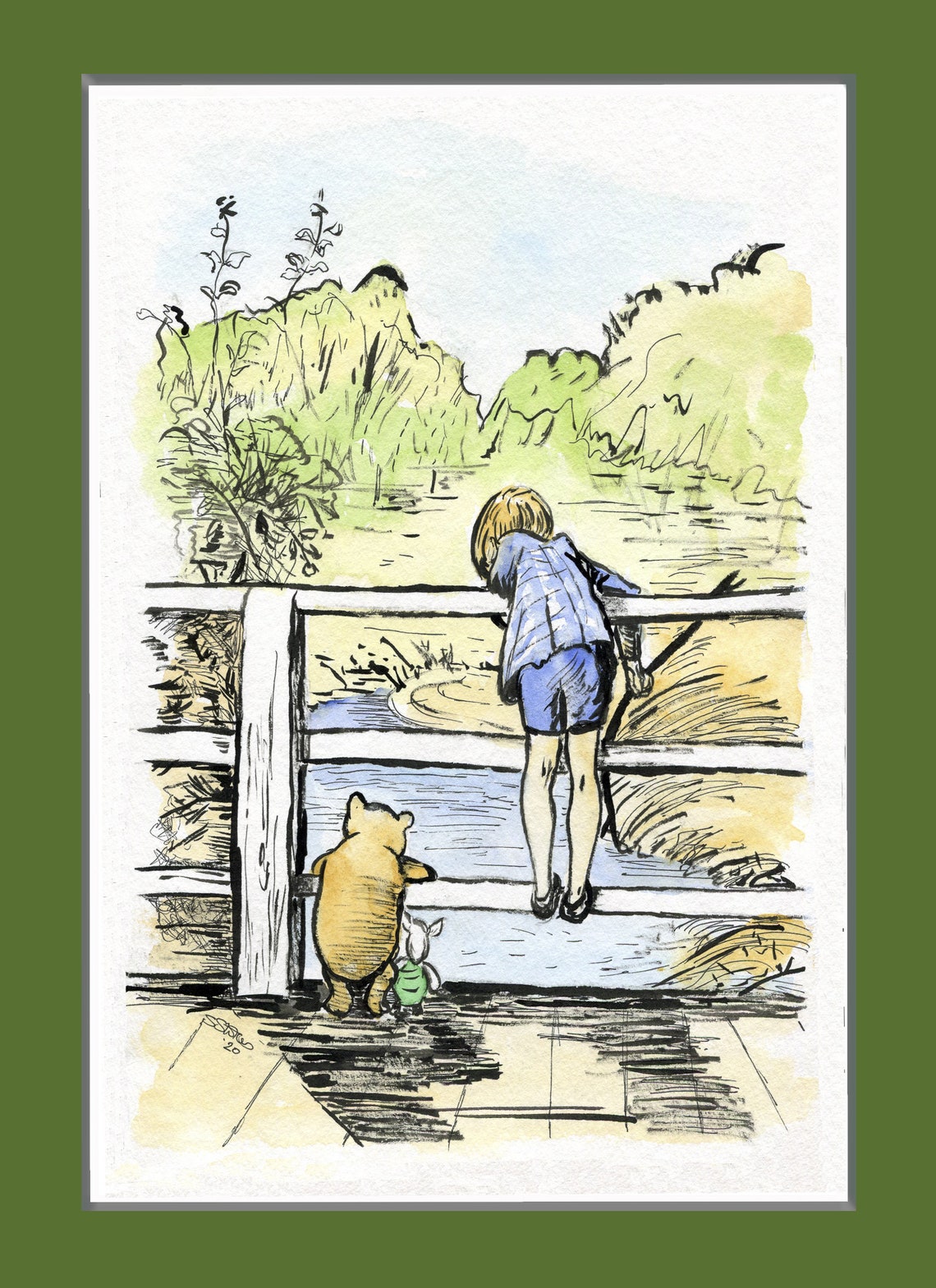 Pooh Sticks Christopher Robin and Pooh, Print of Watercolour Painting