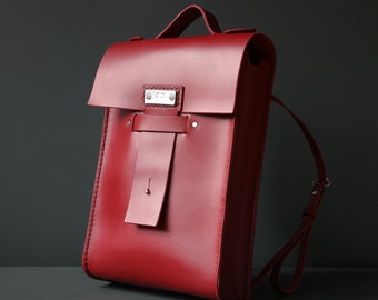 luxury leather backpack scarlet red - finest bridle leather hand-stitched backpack, ideal for laptop or tablet and day-to-day essentials
