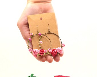 micro crochet rose hoop earring