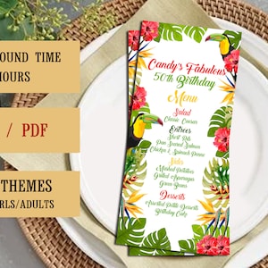 Carta menu tropicale personalizzata-Floral Island Menu card-Hawaiian Luau Birthday Menu card-Adult Birthday-Tropical Leaves Menu-File digitali