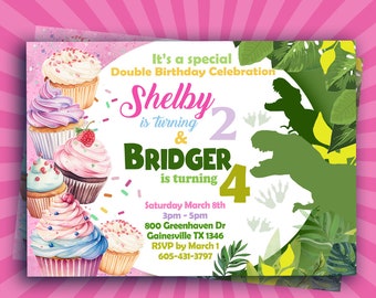 Dual Invitation,Double Invitation,Sibling Twins Birthday Invitation,Combined Birthday,Two Theme Birthday