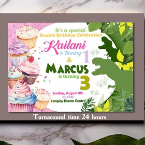 Peut inclure: Une invitation d'anniversaire rose et verte sur le thème des dinosaures. L'invitation présente des cupcakes et le texte "It's a special Double Birthday Celebration Kailani is turning 1 & Marcus is turning 3 Sunday, August 11th at 4PM Langley Events Centre Turnaround time 24 hours."