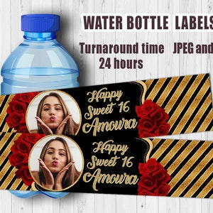 Personalized Gold Black Red Roses Water bottle labels, Sweet 16 labels with photo,Red Roses Glitter water label,16th Birthday,Digital File