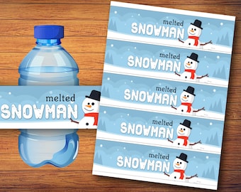 Melted Snowman Water Bottle Labels: Winter Bottle Wraps (Digital Download, PDF & JPG File)