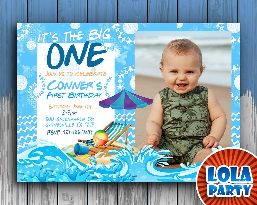 The big one Invitation with photothe big one 1st birthday invitationbeach first birthdayblue wave first birthdaySurfing