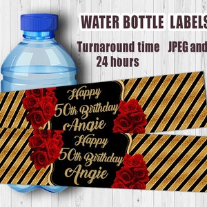 Personalized Gold Black Red Roses Water bottle labels, Sweet 16 labels with photo,Red Roses Glitter water label,16th Birthday,Digital File