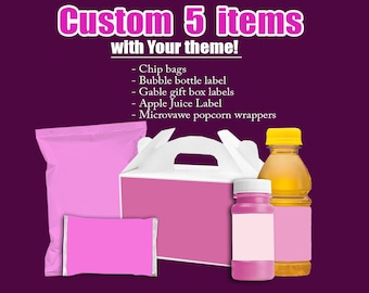 Custom Bundle 5 items-Custom Bubble bottle label,Custom Gable gift box labels,Your theme photo, Custom labels,Custom party wrappers,Digital