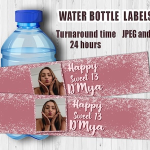 Personalized Sparkle Roses Gold Water bottle labels, Sweet 16 labels with photo,Rose Gold Glitter water label,16th Birthday,Digital File