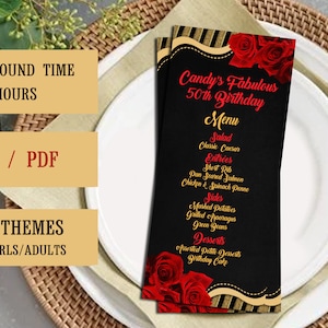 Menu roses rouges, carte de menu noir doré, marque de place roses, carte de menu d'anniversaire roses or et rouges, fichiers numériques