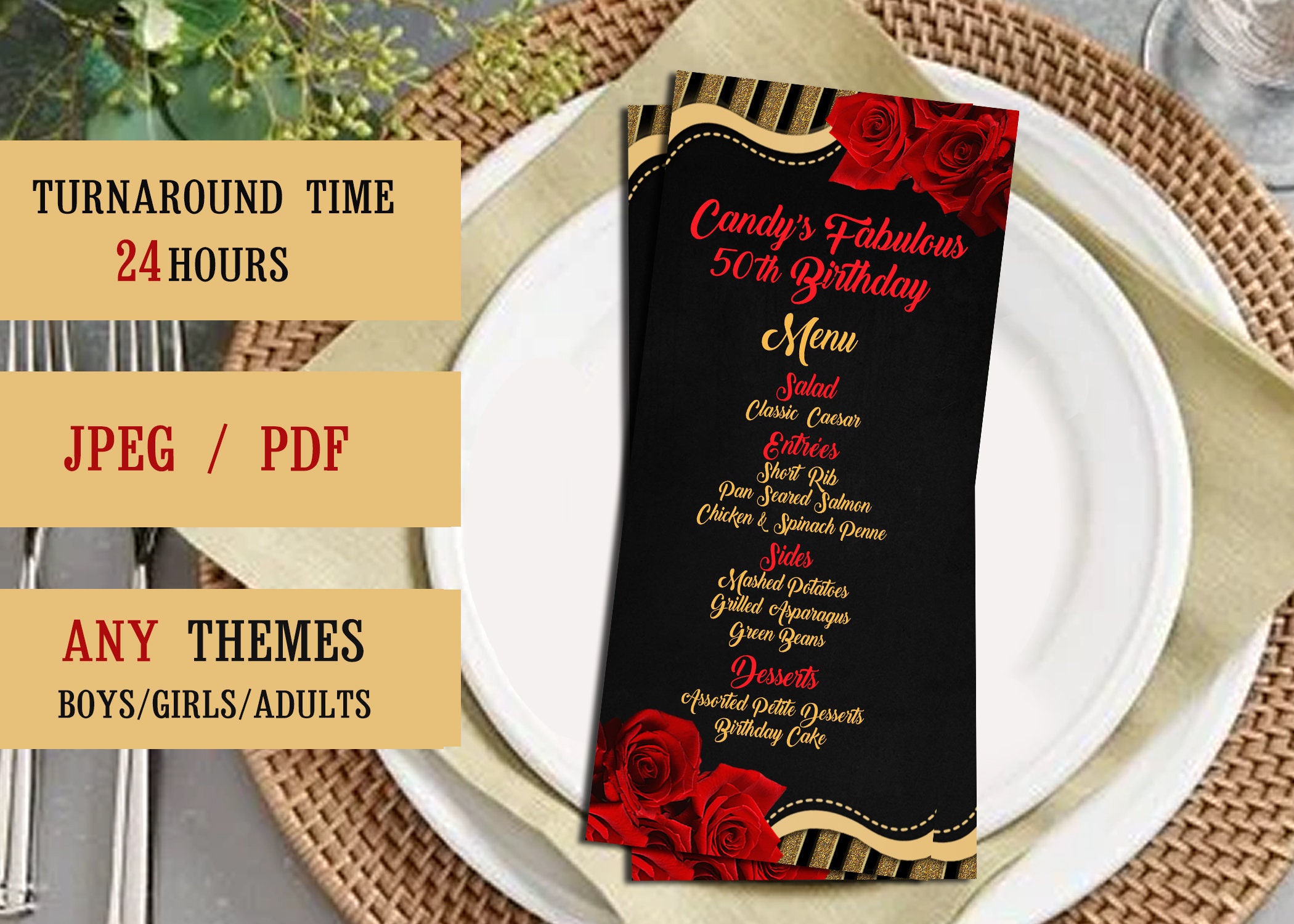 Red Roses Menu, Gold Black Menu Card, Roses Place Card, Gold and Red ...