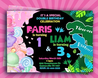 Dual Invitation,Double Invitation,Sibling Twins Birthday Invitation,Combined Birthday,Two Theme Birthday