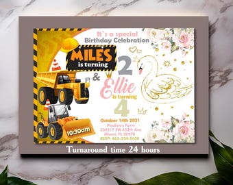 Dual Invitation,Double Invitation,Sibling Twins Birthday Invitation,Combined Birthday,Two Theme Birthday