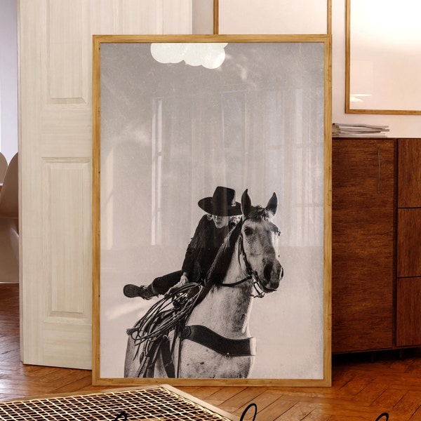 Black and White Cowgirl Digital Print, Boho Print, Wild West Photography, Horse Print, Modern Country Western Wall Art, Wild West Art