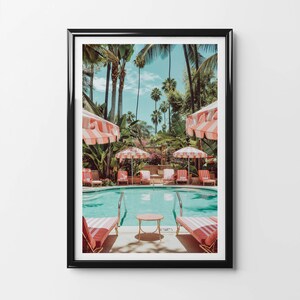 Beverly Hills Pool Poster: Pink Palm Tree Print, California Hotel Decor
